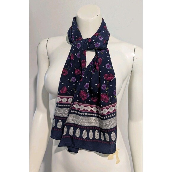 Vintage Carole Little Navy Blue Floral Silk Long Rectangle Scarf 10 X 52 - Picture 2 of 4